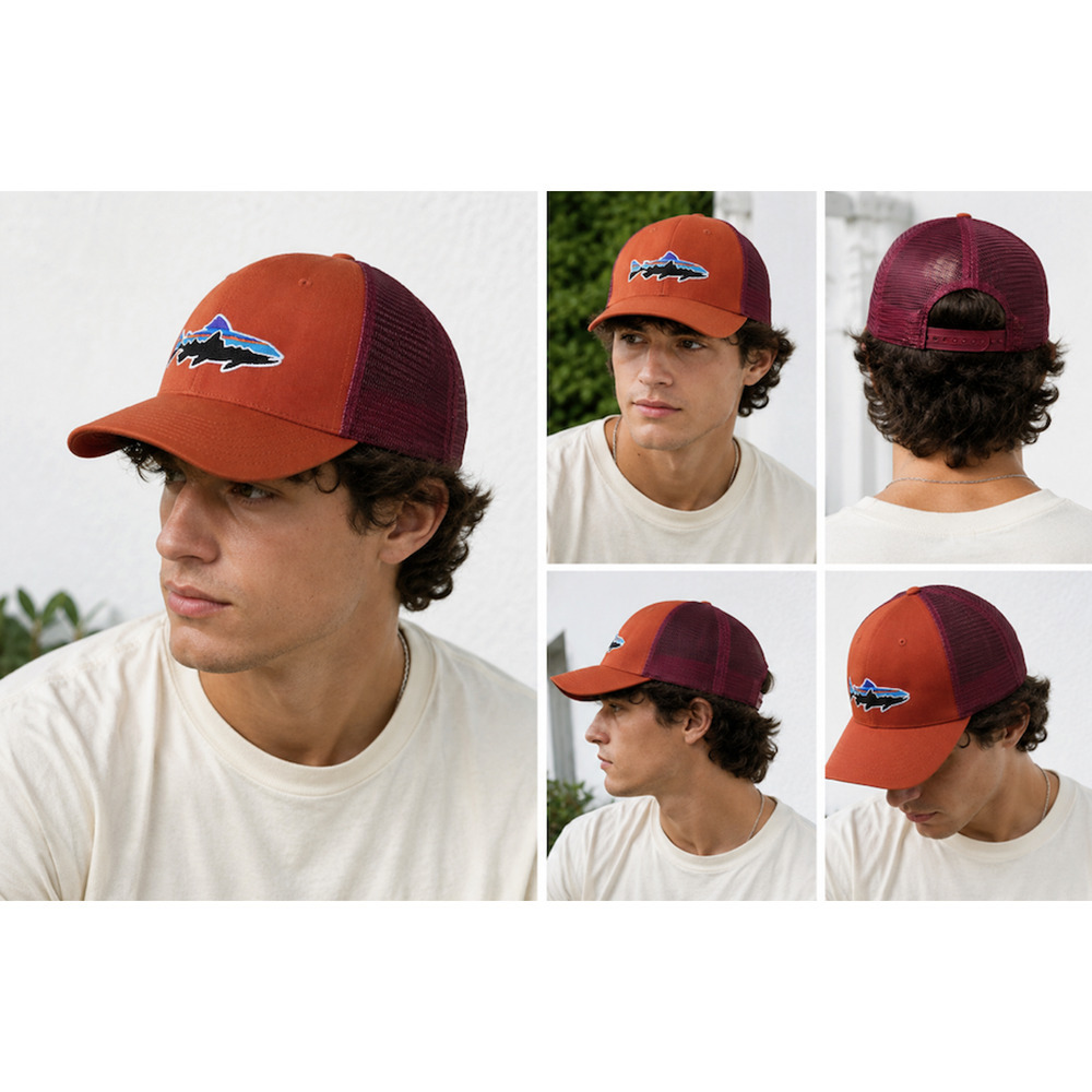 Patagonia Trout Patch Trucker Hat Orange Burgandy Mesh Snapback Cap